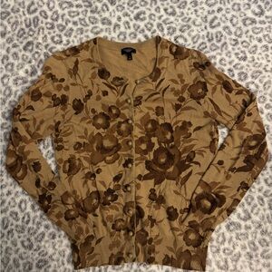 Talbots Tan and Brown Cardigan with Floral Design